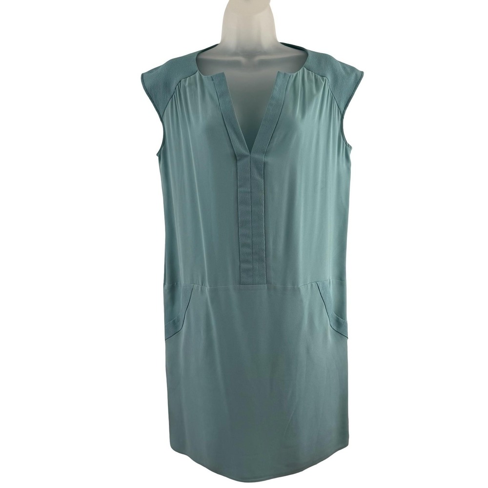 Comptoir Des Cotonniers Dress Womens 2 Mint Aqua Silk V Neck Shift‎ Pockets Work
